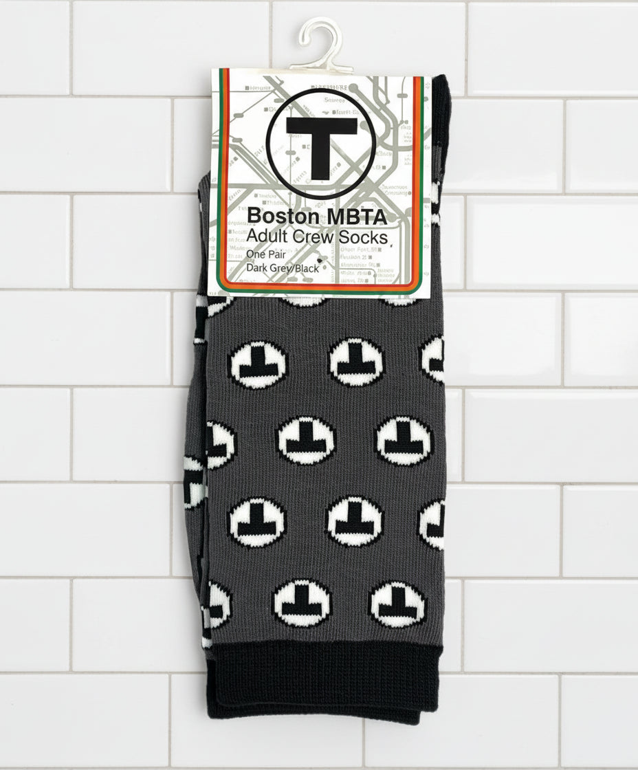 Pair of  charcoal grey socks with black and white MBTA T logo pattern