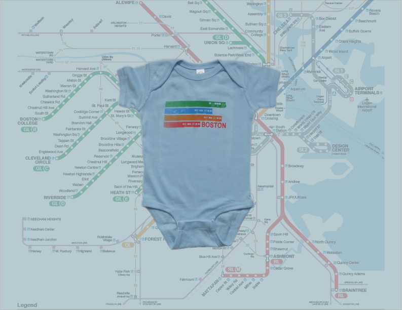 Light blue infant onesie with MBTA Green Line, Blue Line, Orange Line and Red Line trains streaking across chest