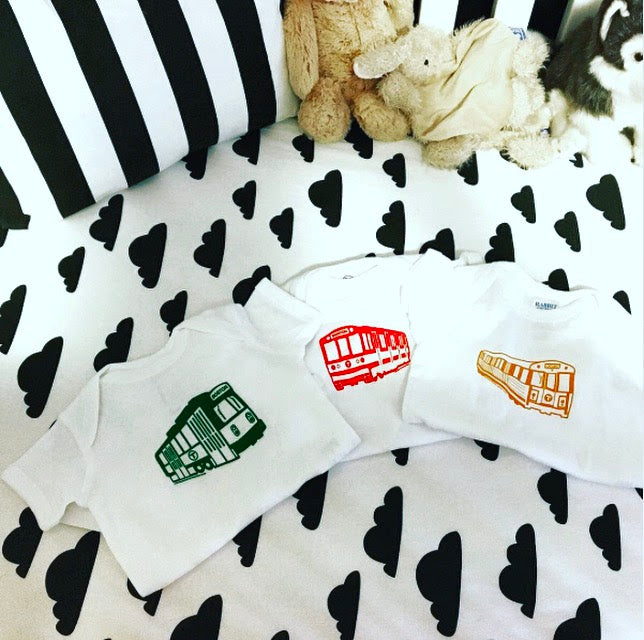 Boston subway train and trolley onesies for babies and infants