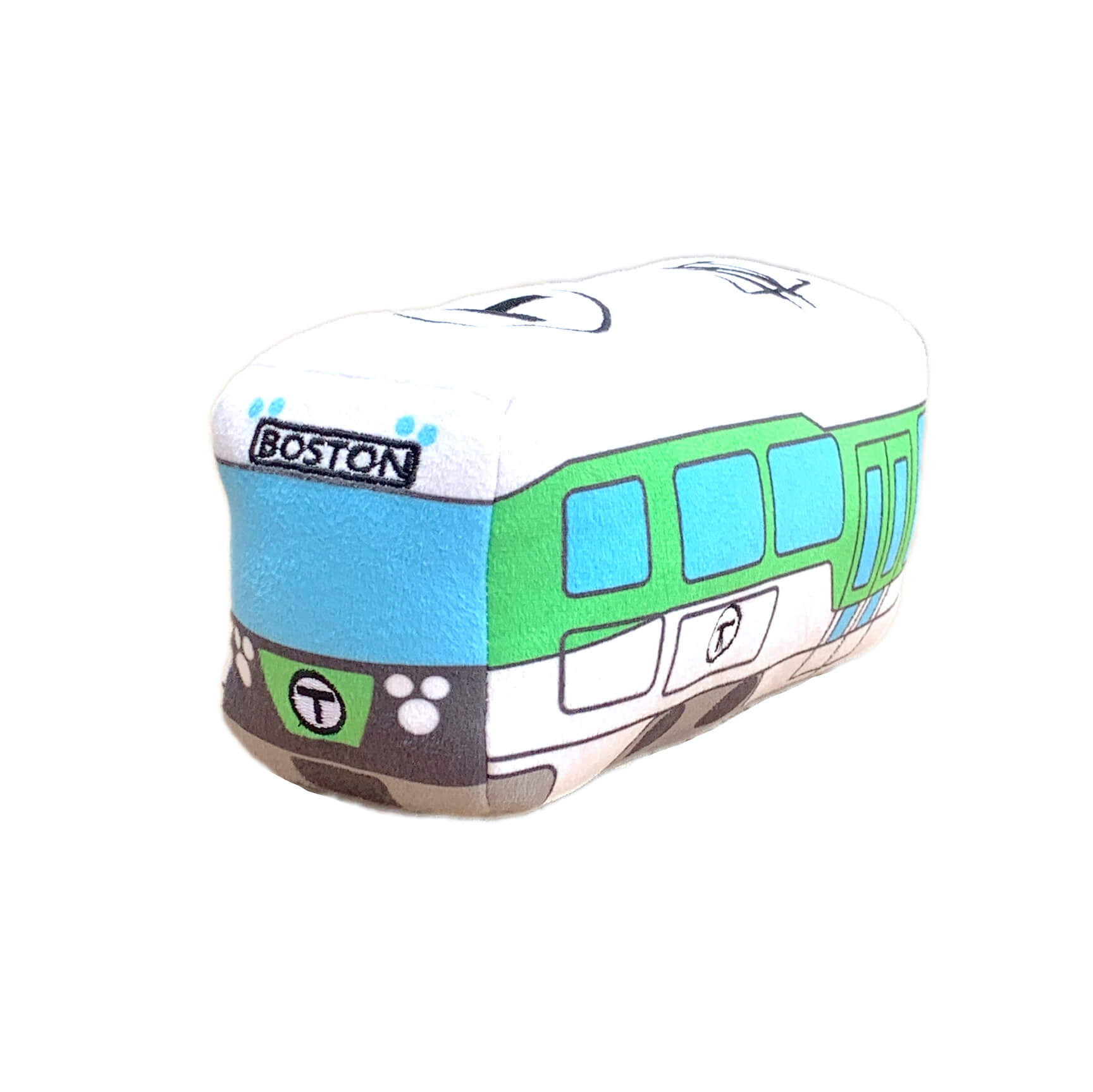 Front and left side view of cute Boston MBTA Green Line trolley plush toy