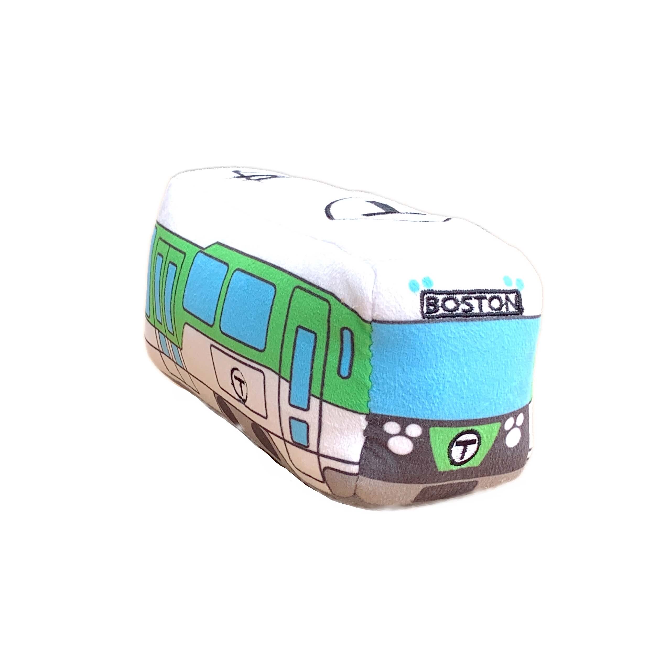 Front and right side view of Boston MBTA cute plush Green Line Trolley toy