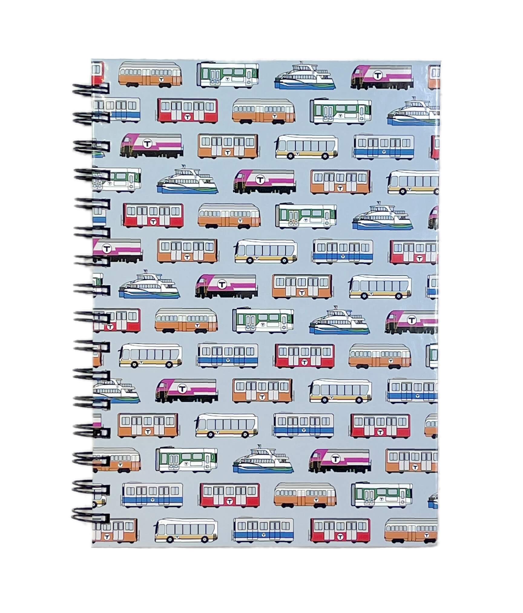 Light blue spiral notebook journal with colorful Boston MBTA vehicle pattern on front cover