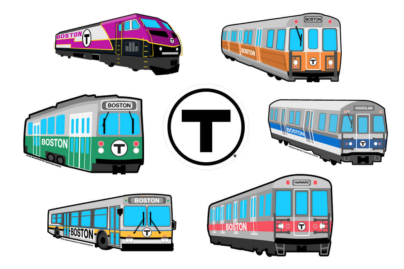 A set of large vinyl Boston MBTA Transit stickers on a white background