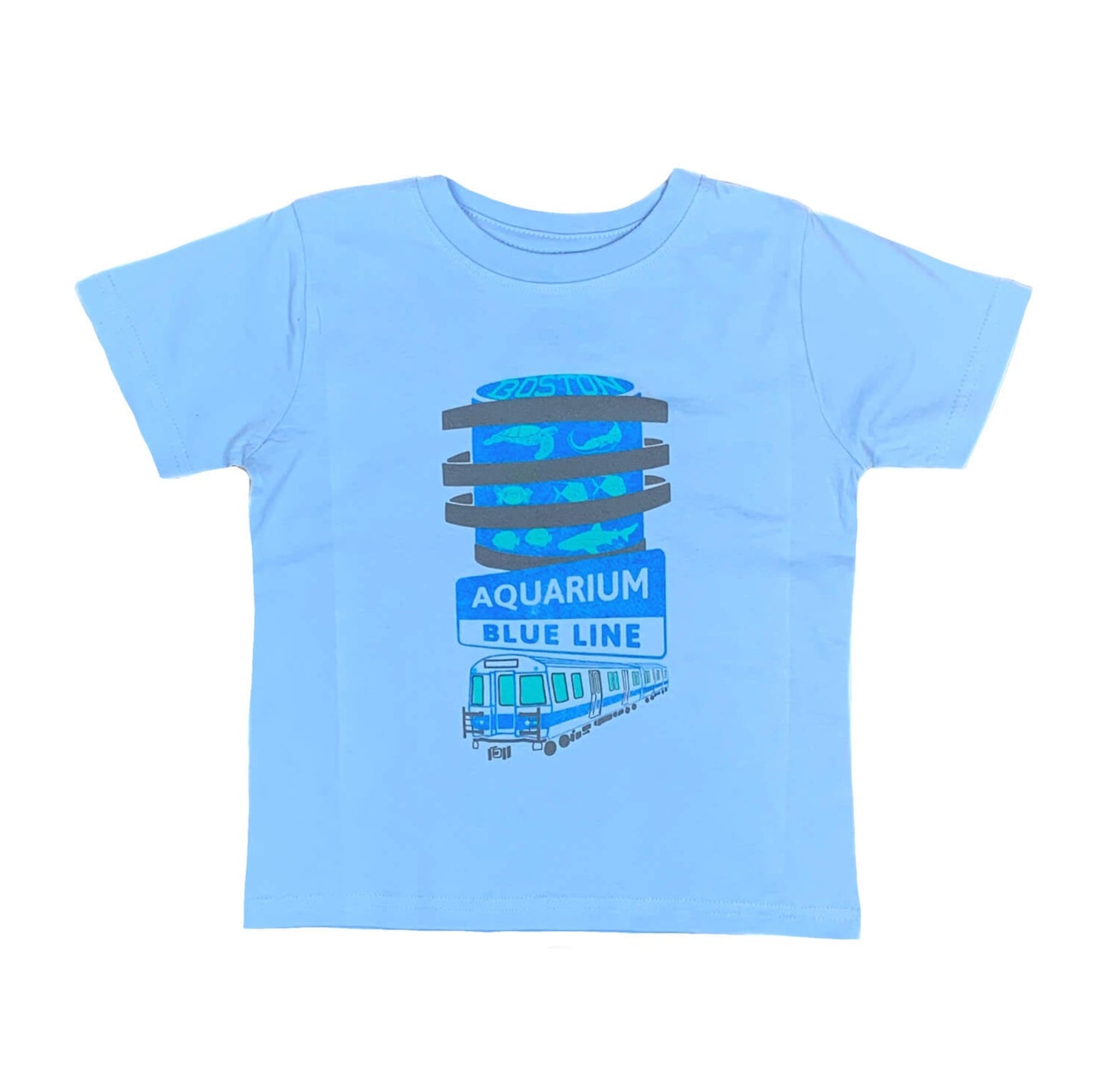 Light blue cotton toddler size tee with Boston Aquarium fish tank and Blue Line Train illustration