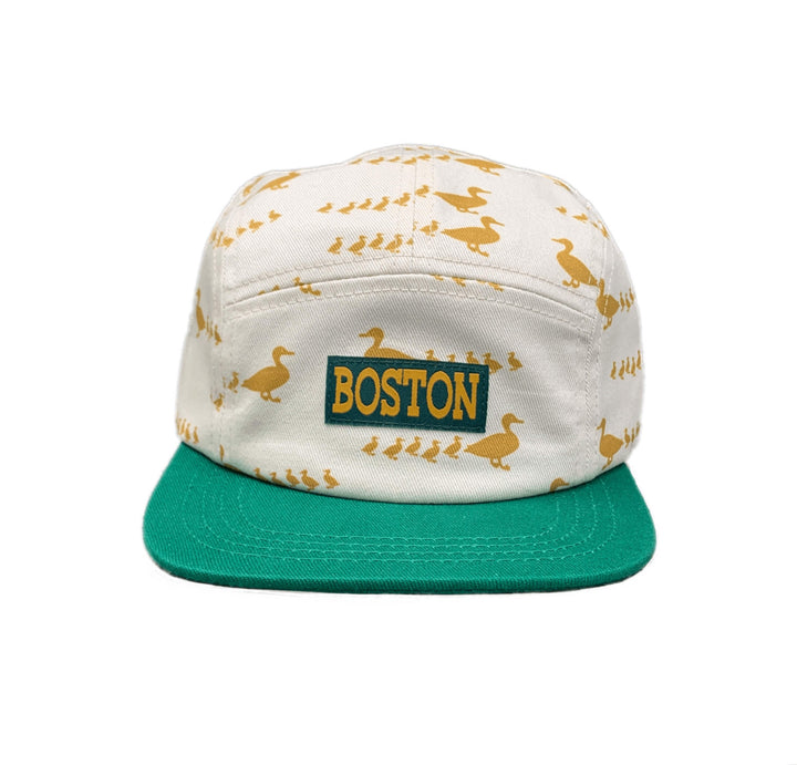 Toddler size 5-panel baseball hat with cute tan and gold Boston ducklings print and green visor