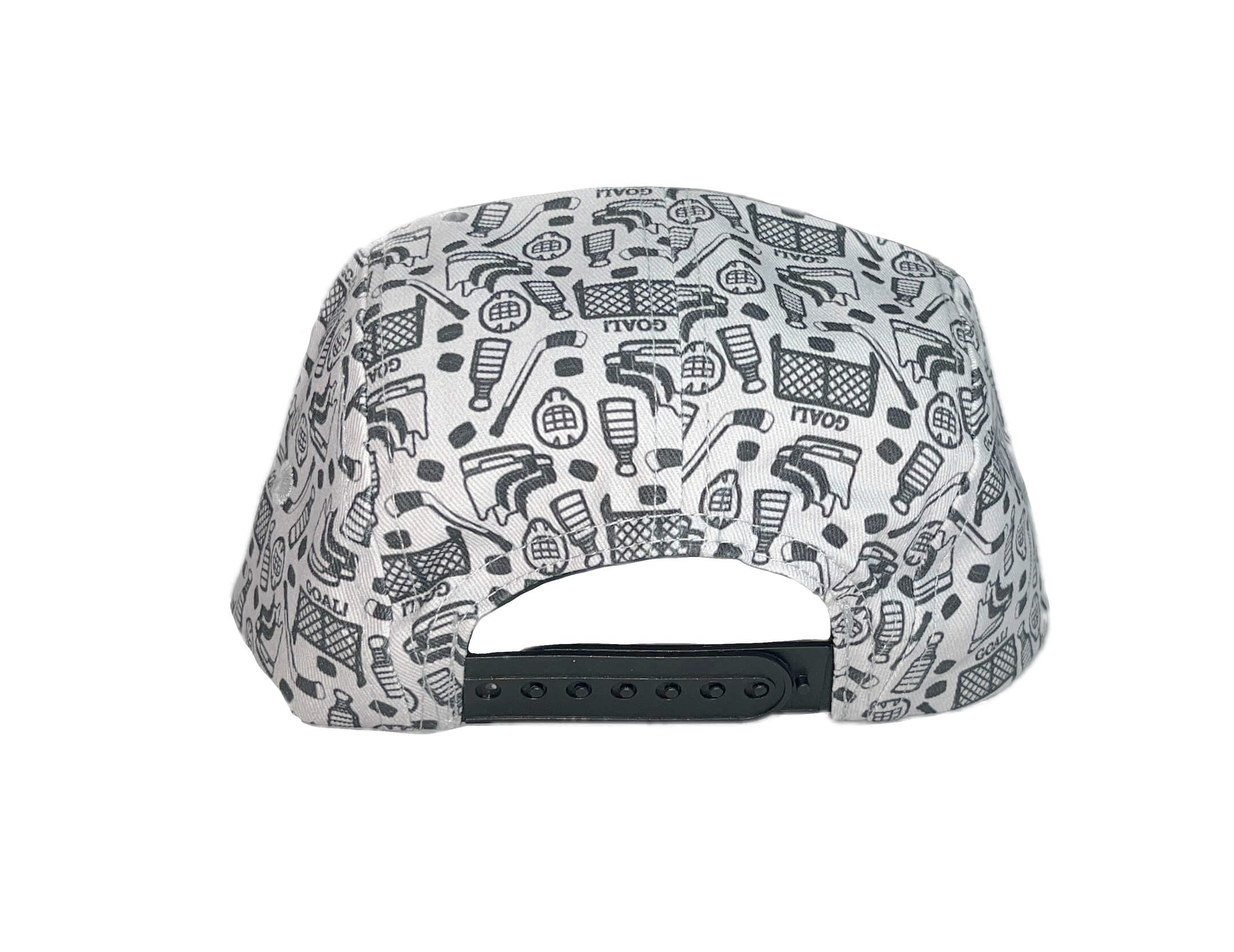 Back side view of adjustable Toddler baseball cap with all-over hockey icons print and Black and Gold Boston woven patch