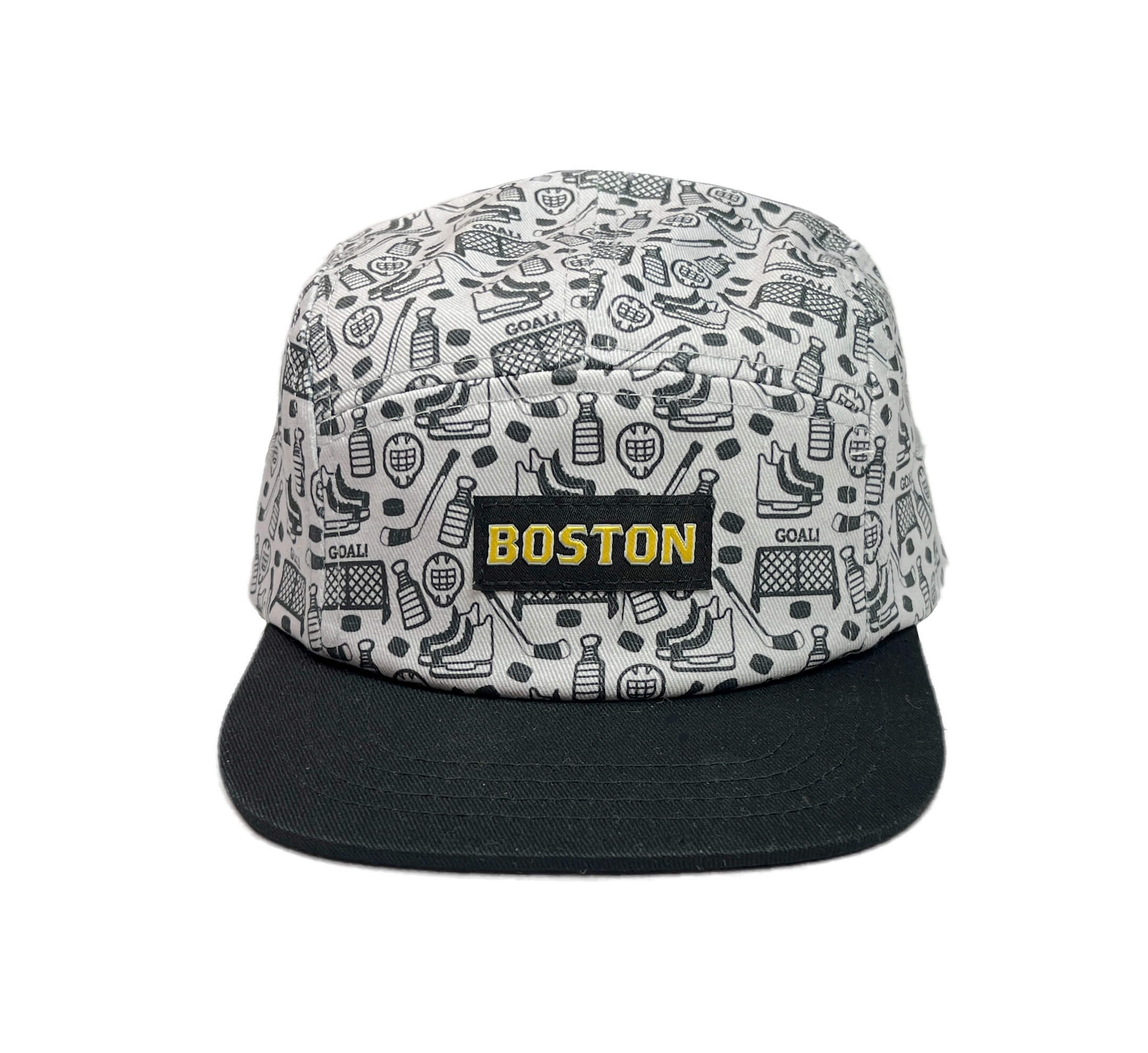 Front view of Toddler size 5-panel baseball cap with hockey icons print and Black and Yellow Boston woven patch