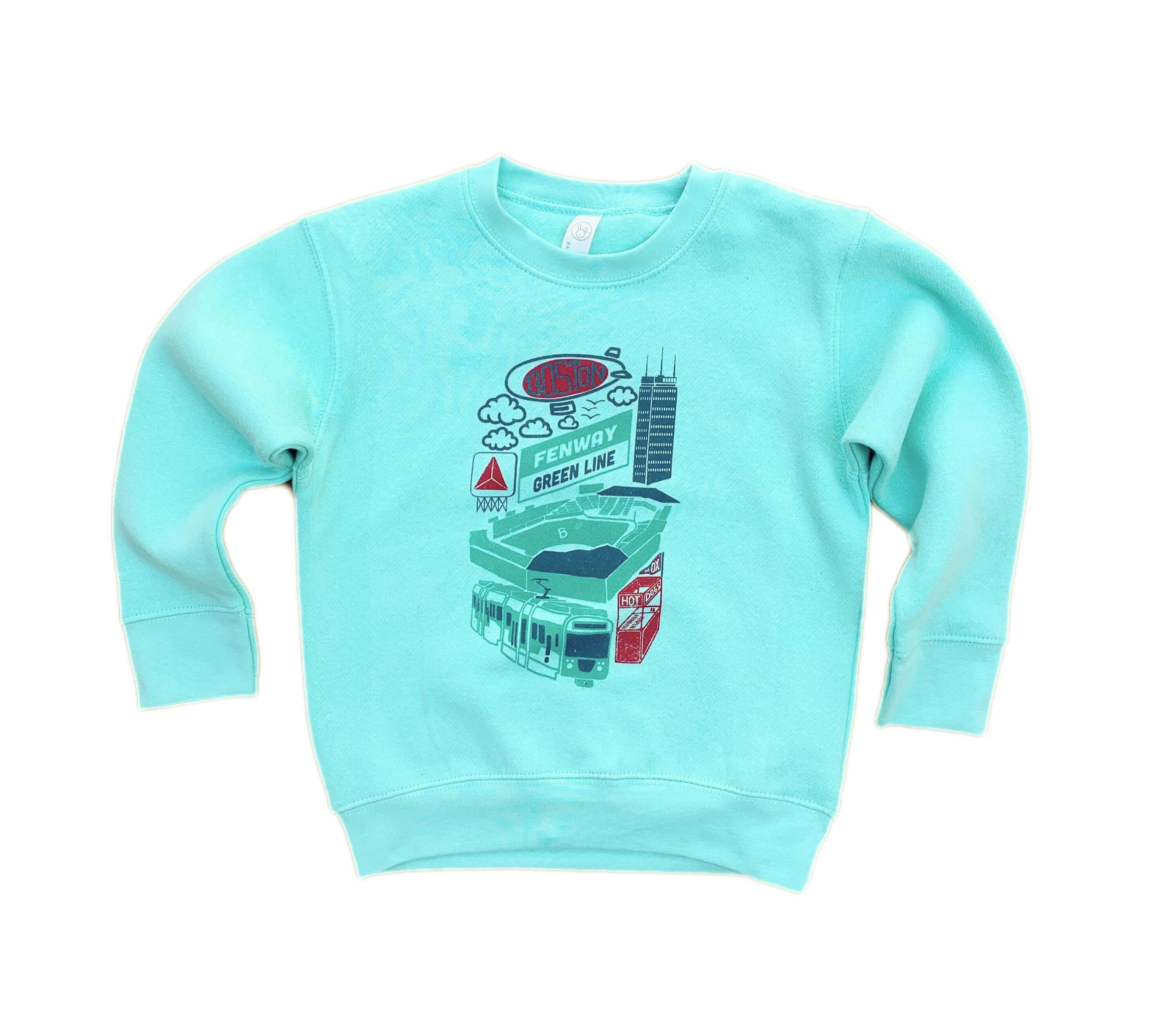Light blue green toddler size crewneck sweatshirt with hand drawn fenway park and green line trolley illustration