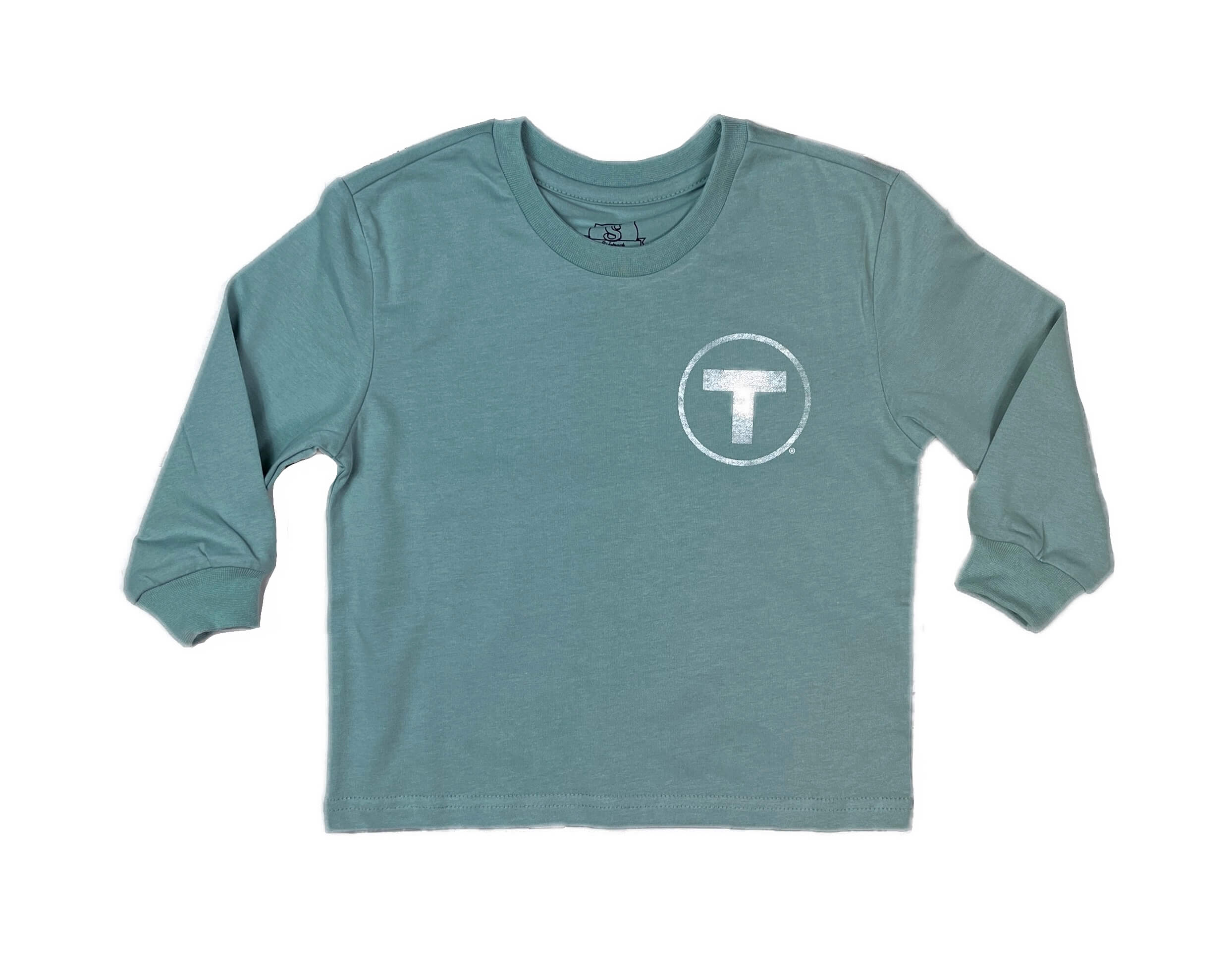 Toddler size washed green long sleeve cotton t-shirt with Boston MBTA T Logo on left chest