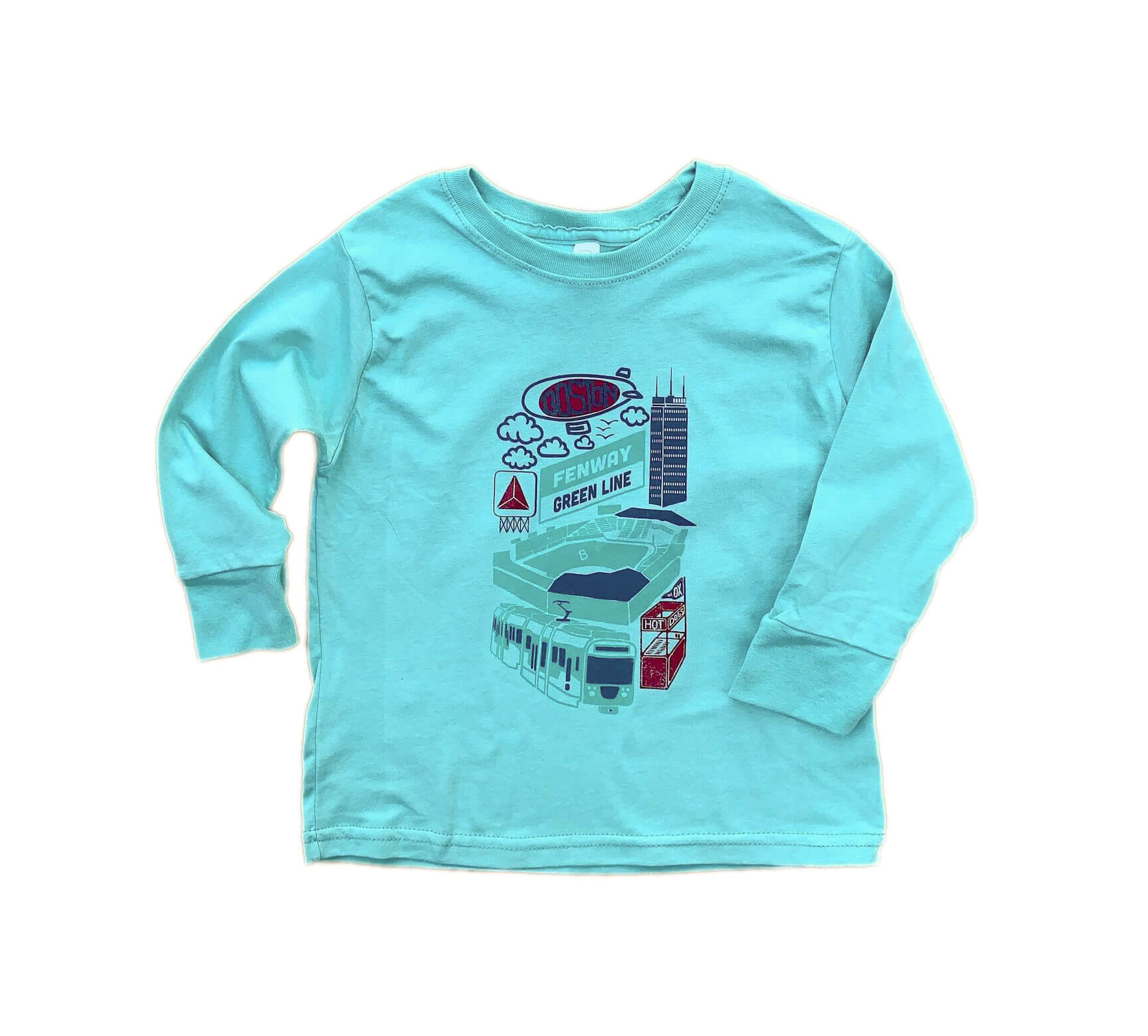 saltwater blue toddler size long sleeve cotton t-shirt with hand drawn fenway park and green line trolley illustration