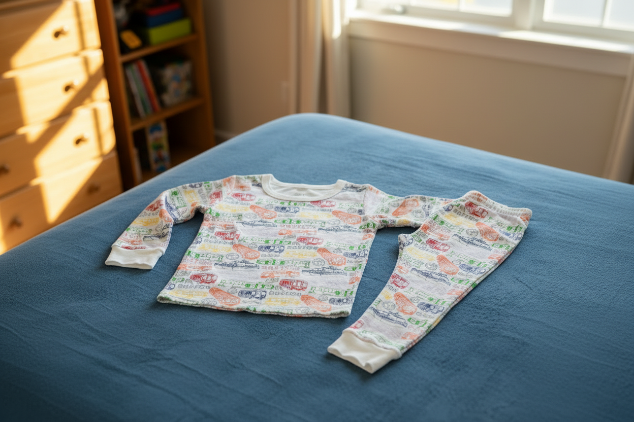 Toddler size white cotton pajama top and bottom with colorful Boston MBTA vehicle pattern laying flat on a blue bedspread