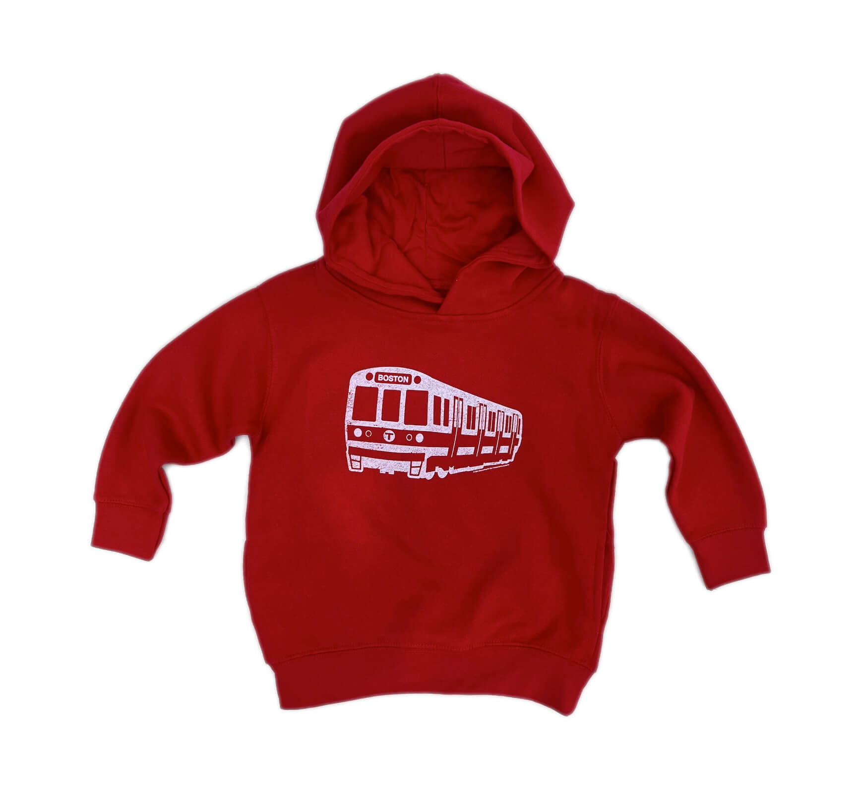 Bright red toddler size hoodie with white MBTA Red Line graphic