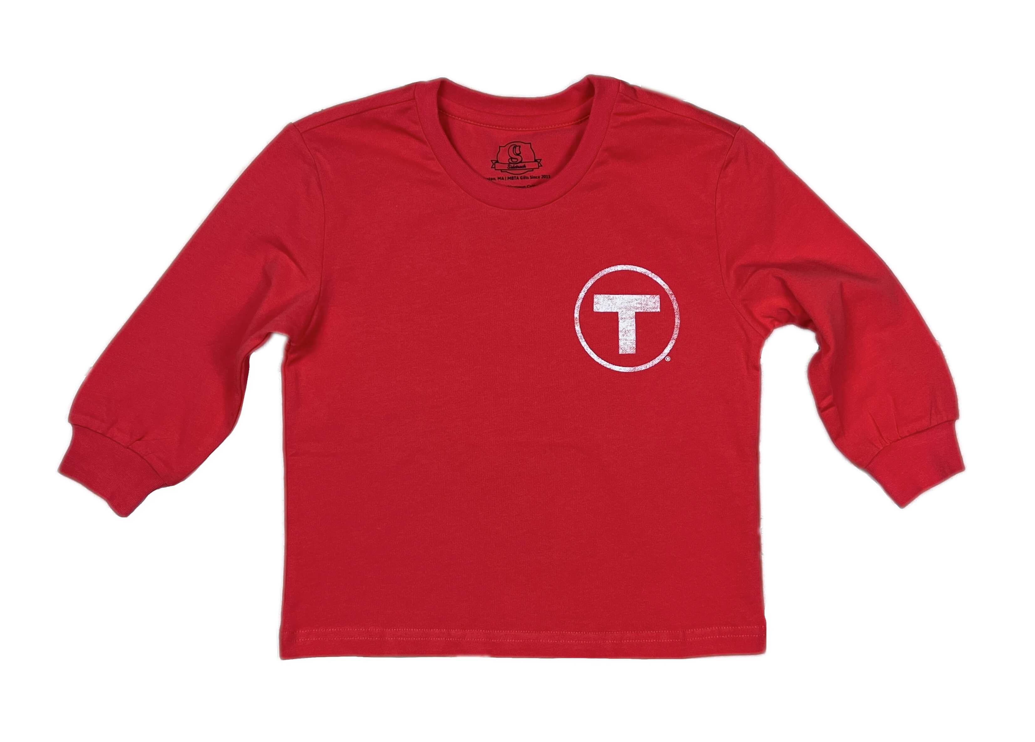 Toddler size washed green long sleeve cotton t-shirt with Boston MBTA T Logo on left chest