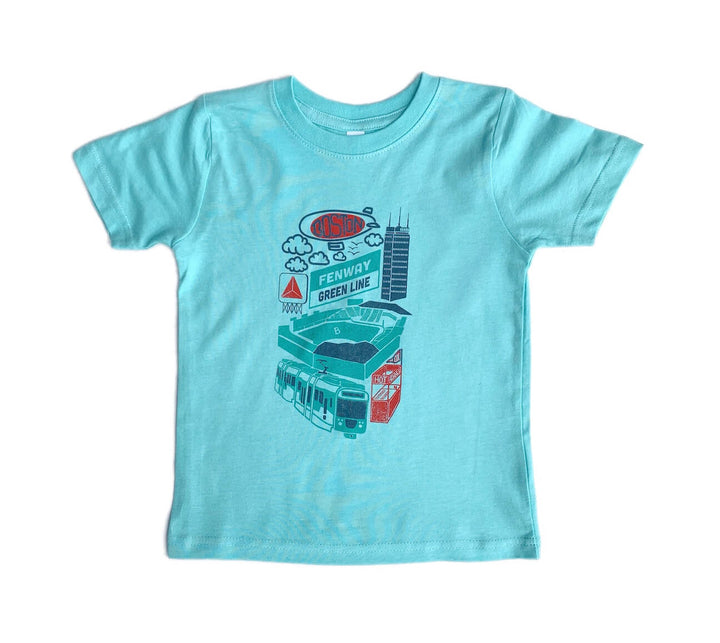 light blue toddler t-shirt with Fenway Park and Boston Green Line trolley graphic