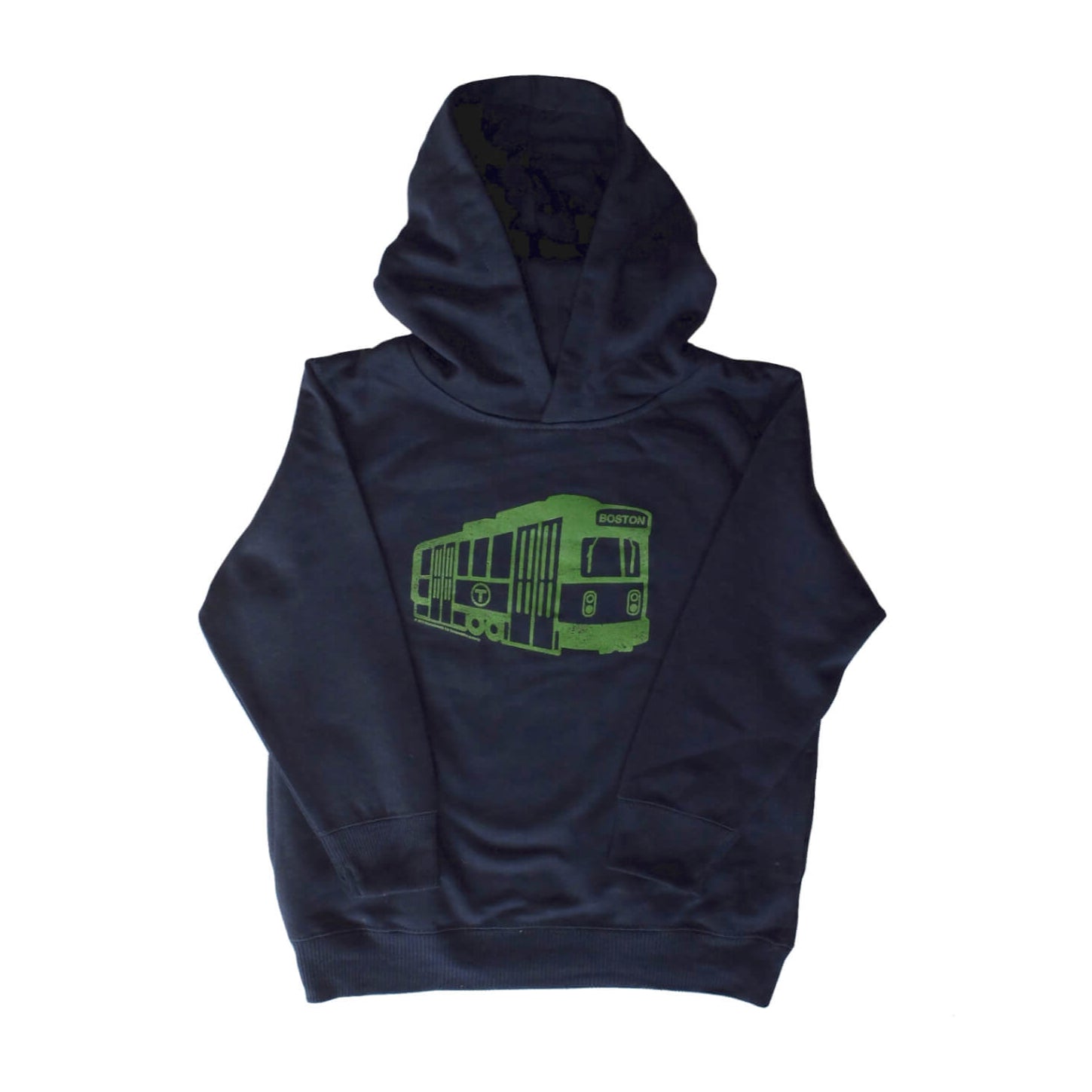 Toddler size navy blue hoodie with a green Boston subway trolley graphic on a white background
