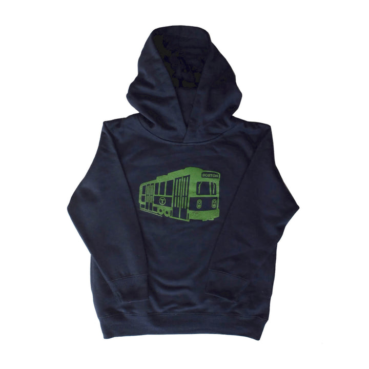 Toddler size navy blue hoodie with a green Boston subway trolley graphic on a white background
