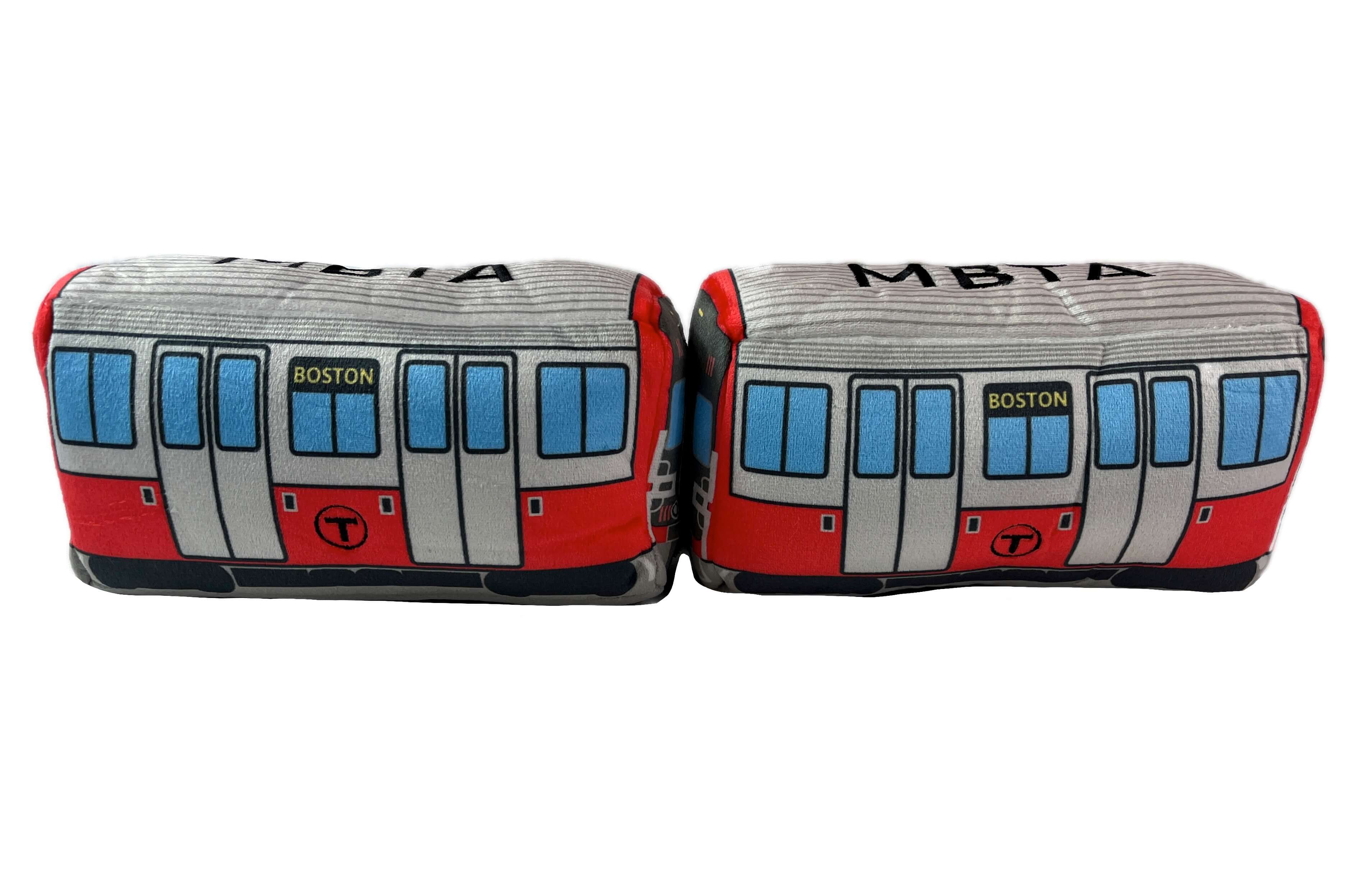Two MBTA Red Line Train plush toys joined with velcro 