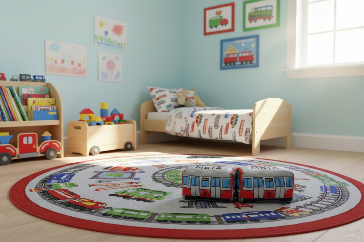 Two Boston MBTA Red Line train plush toys coupled together on the floor of a bright kids' bedroom.
