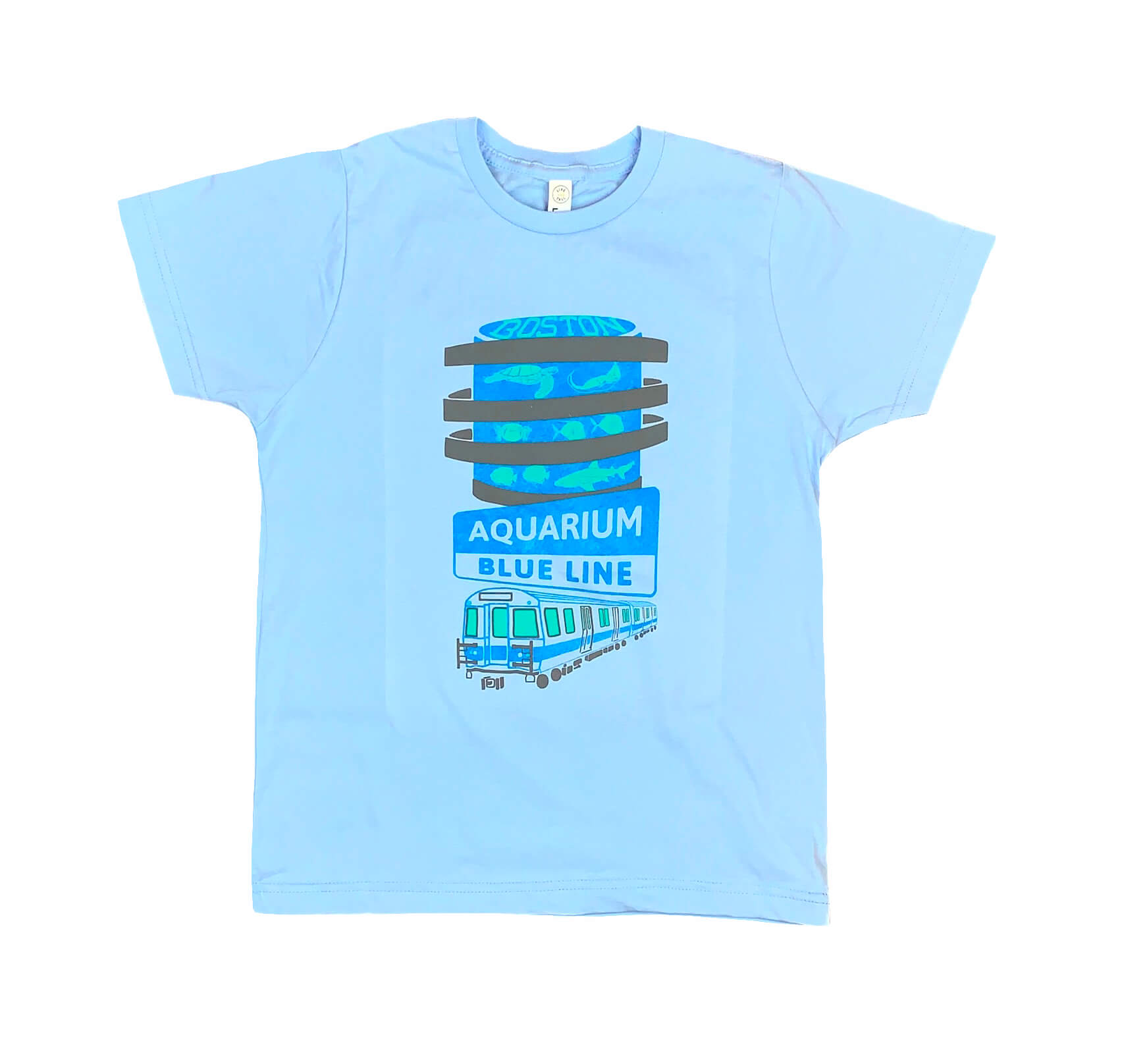 Light blue cotton youth size t-shirt with Boston Aquarium fish tank and Blue Line Train illustration