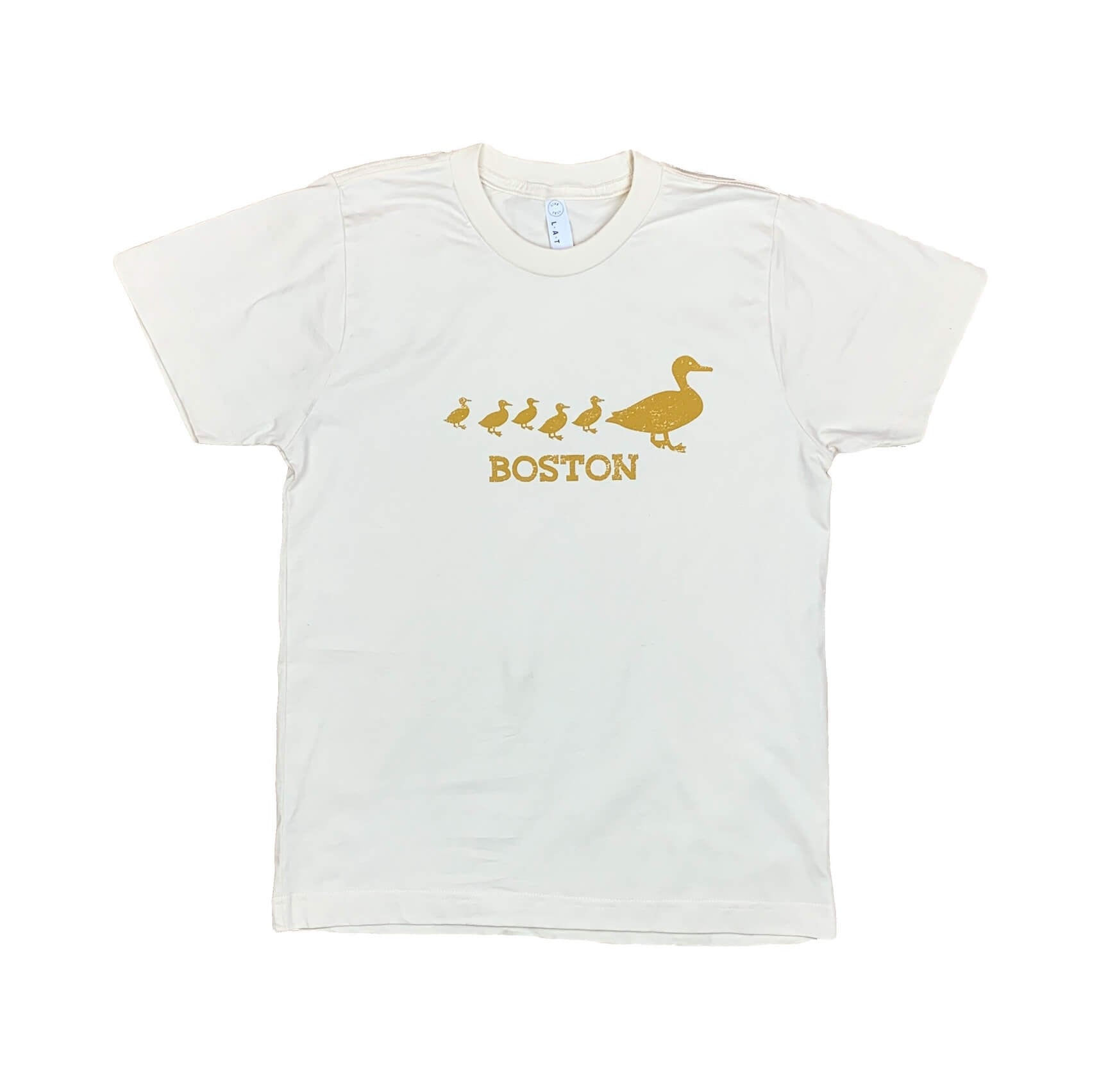 Ivory-colored youth sized cotton t-shirt with golden brown mother duck and ducklings graphic