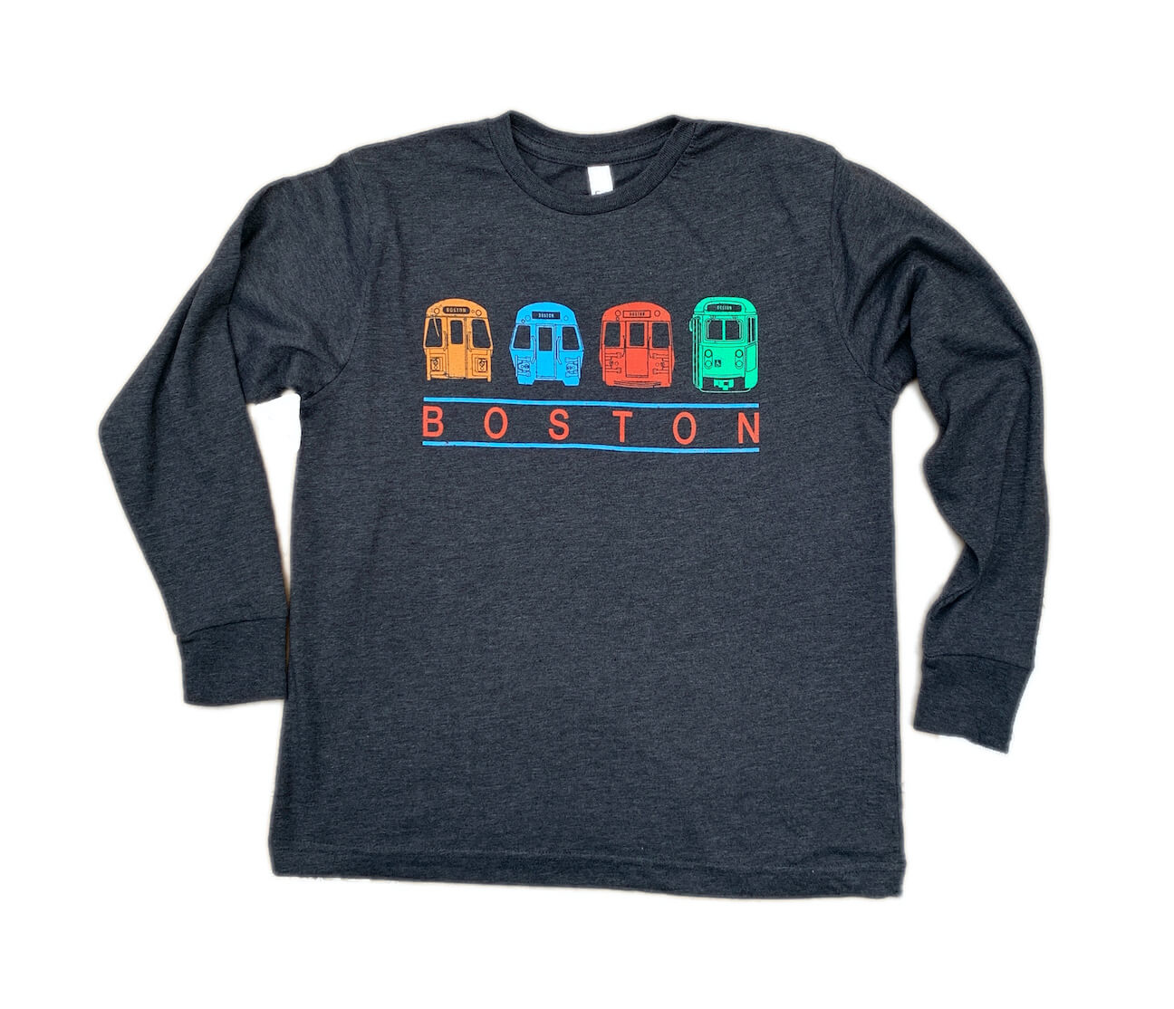 heather grey long sleeve t-shirt with orange blue red and green subway cars