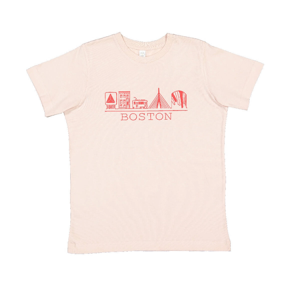 Light pink cotton kids t-shirt with orang-pink chest graphic containing hand drawn Boston Massachusetts familiar sights