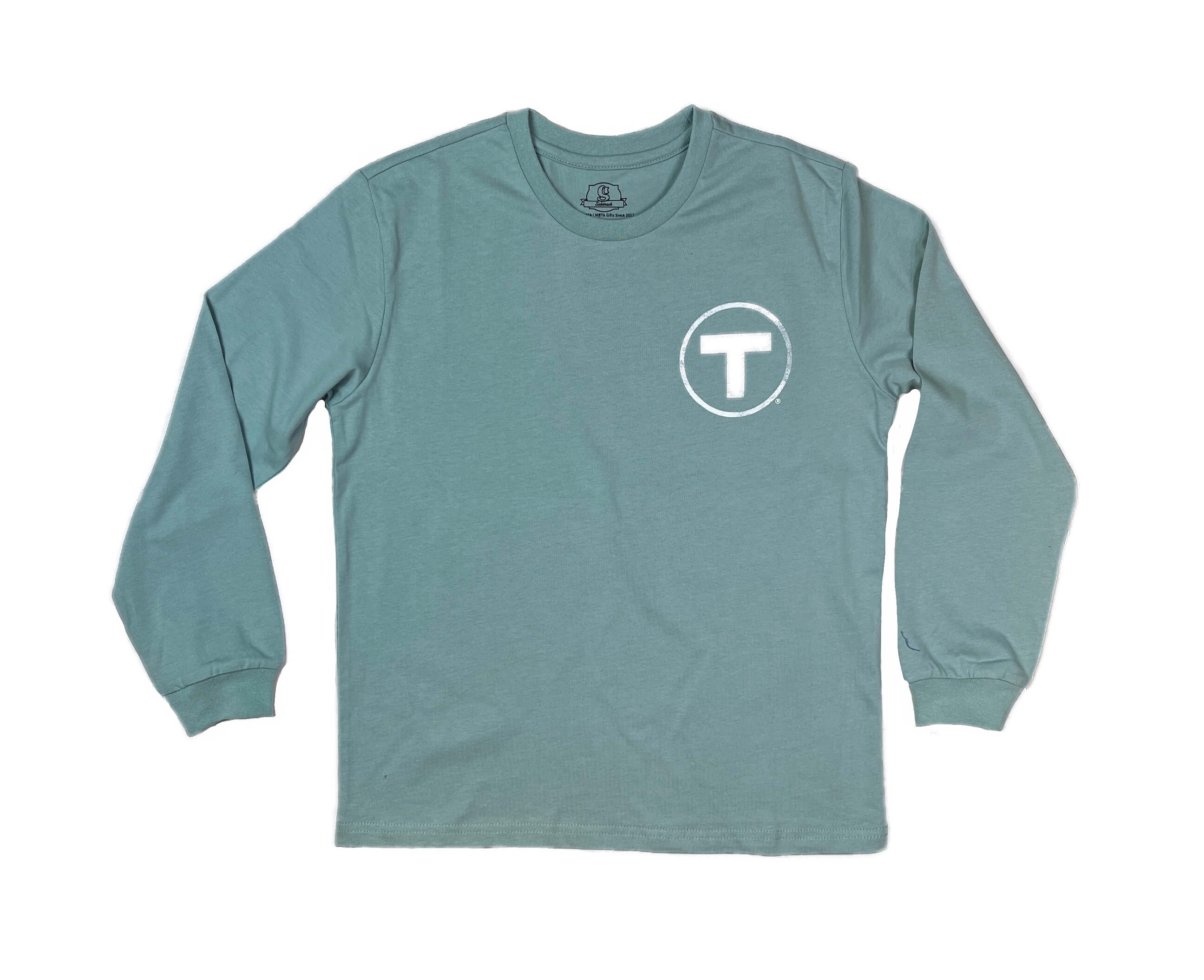 Youth size washed green long sleeve cotton t-shirt with Boston MBTA T Logo on left chest