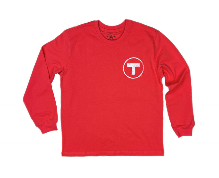 Youth size washed green long sleeve cotton t-shirt with Boston MBTA T Logo on left chest