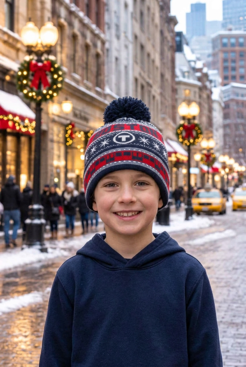 A smiling young boy wearing a navy blue hoodie and a red, navy, and white MBTA-themed knit pom-pom beanie standing on a snowy city street decorated for Christmas.