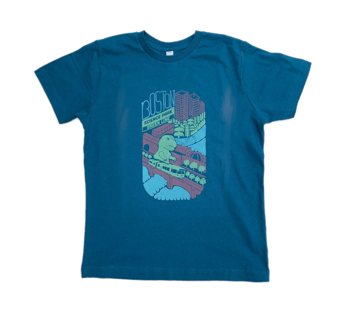 Youth size dark blue-green t-shirt with hand drawn Boston Museum of Science building with T-Rex next to Green Line Trolley
