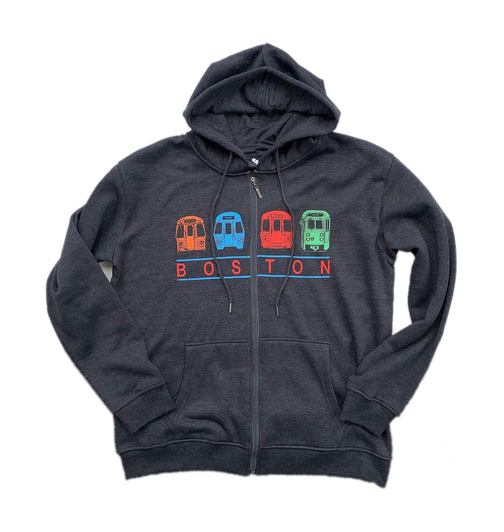 charcoal grey zip up hoodie with orange blue red green line trains / trolley graphic and 'Boston' text