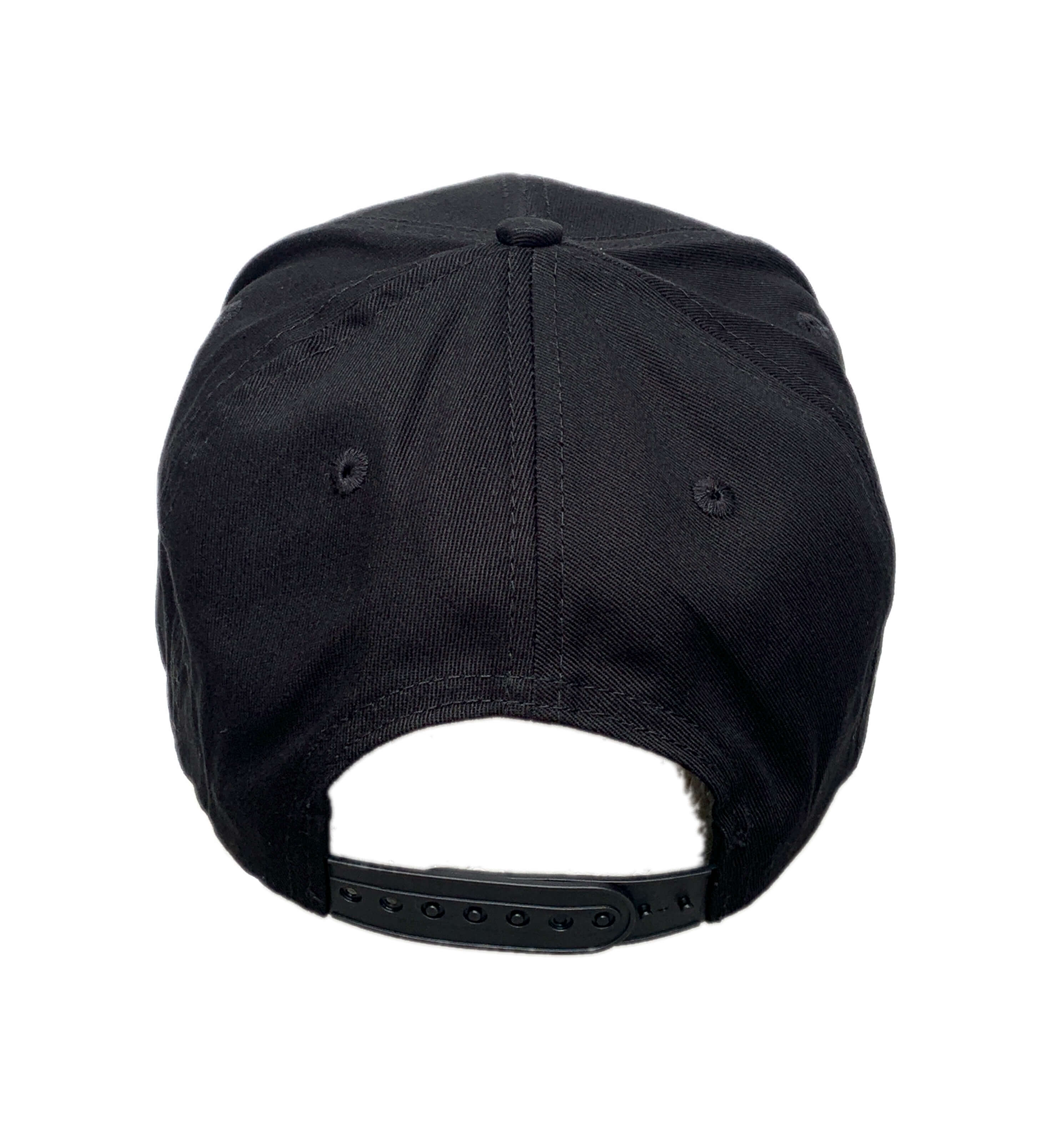 Back view of black flat brim adult cap with puff embroidered MBTA T Logo