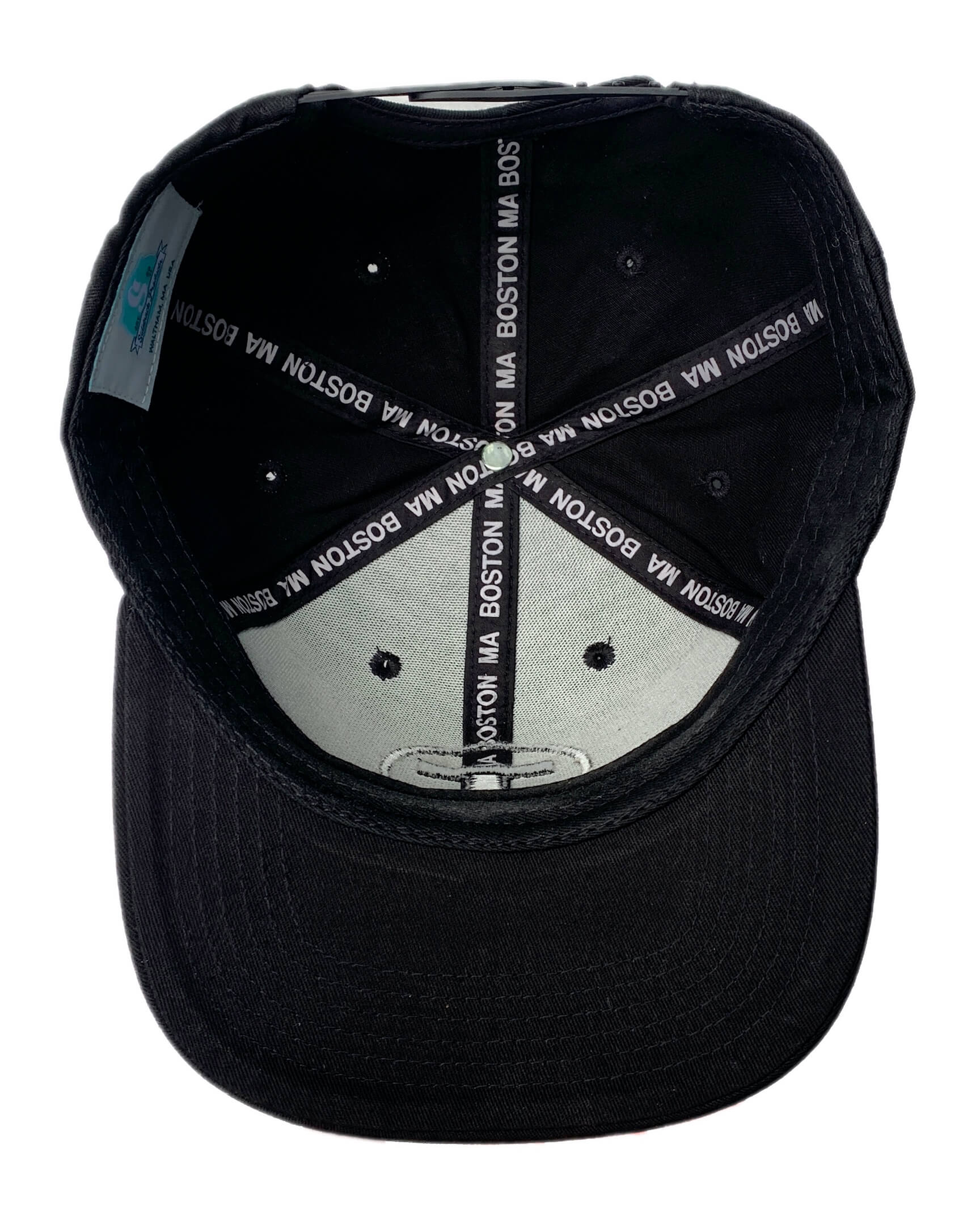 Inside view of black adult flat brim baseball cap with MBTA Logo 3D Puff Embroidery