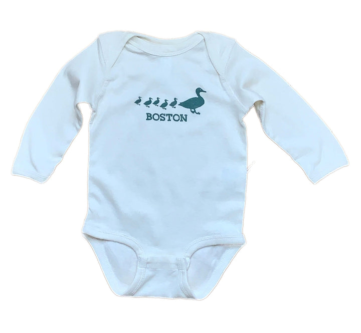 Ivory colored long sleeve infant onesie with green Boston Make Way for Ducklings graphic