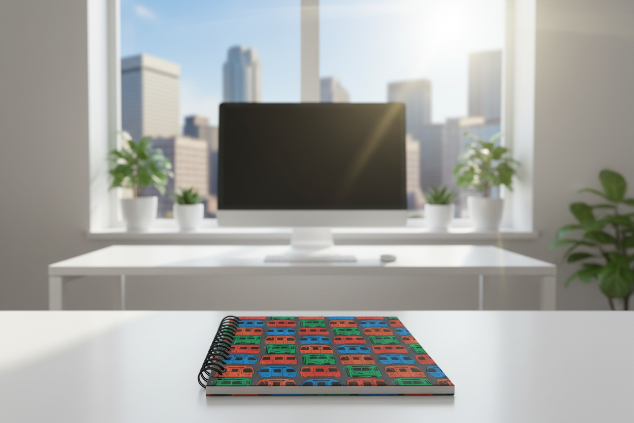 Grey spiral notebook journal with multi-color MBTA train pattern cover on office desk
