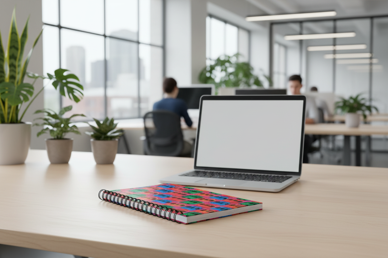pink spiral notebook with colorful mbta trains pattern on a modern desk