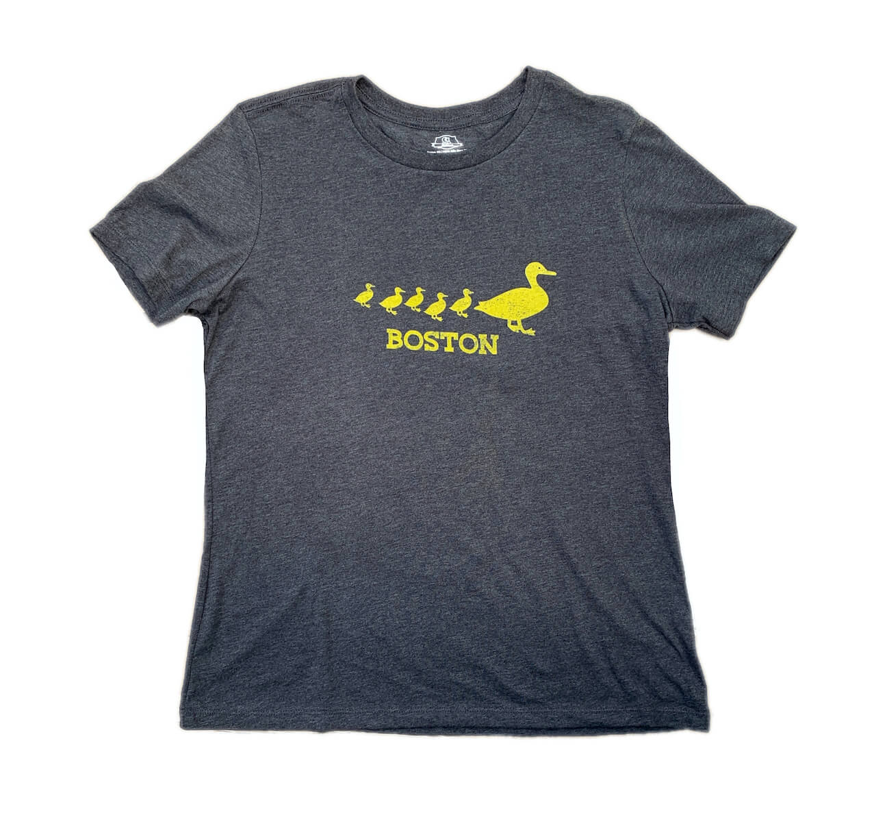 Heather grey ladies cut t-shirt with yellow Boston Common mother duck and her ducklings