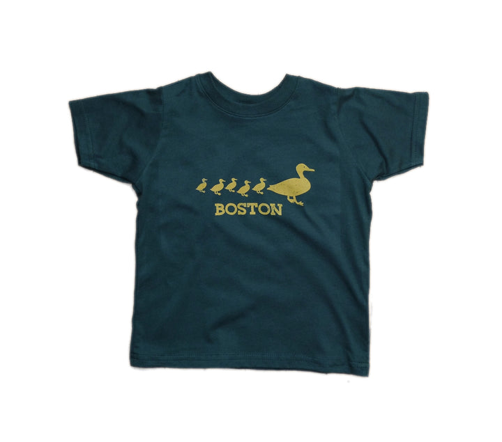 toddler size forest green cotton t-shirt with yellow mother duck and baby ducklings graphic and 'Boston' text