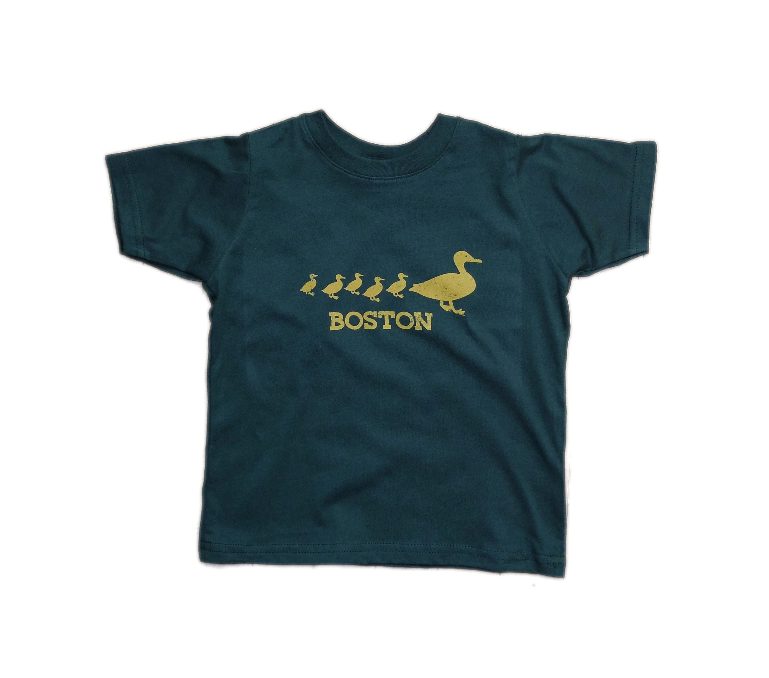 toddler size forest green cotton t-shirt with yellow mother duck and baby ducklings graphic and 'Boston' text
