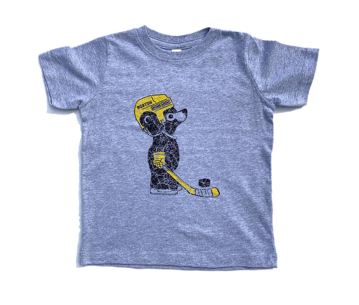 heather grey toddler t-shirt with cute boston bruins baby bear cub black and yellow graphic