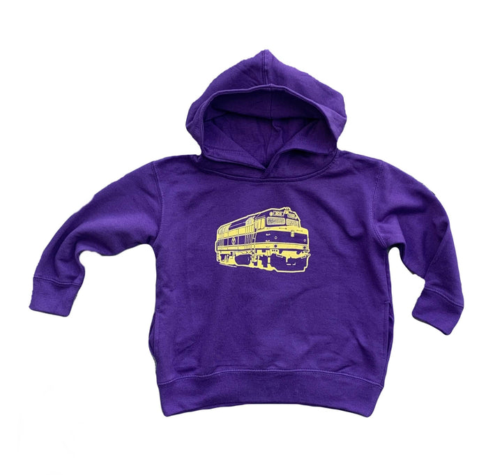 purple toddler sized hoodie with yellow Boston Commuter Rail locomotive train graphic