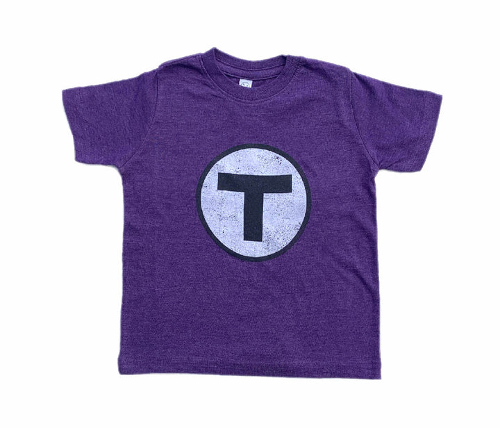 heather purple toddler t-shirt with round black and white mbta boston T logo graphic