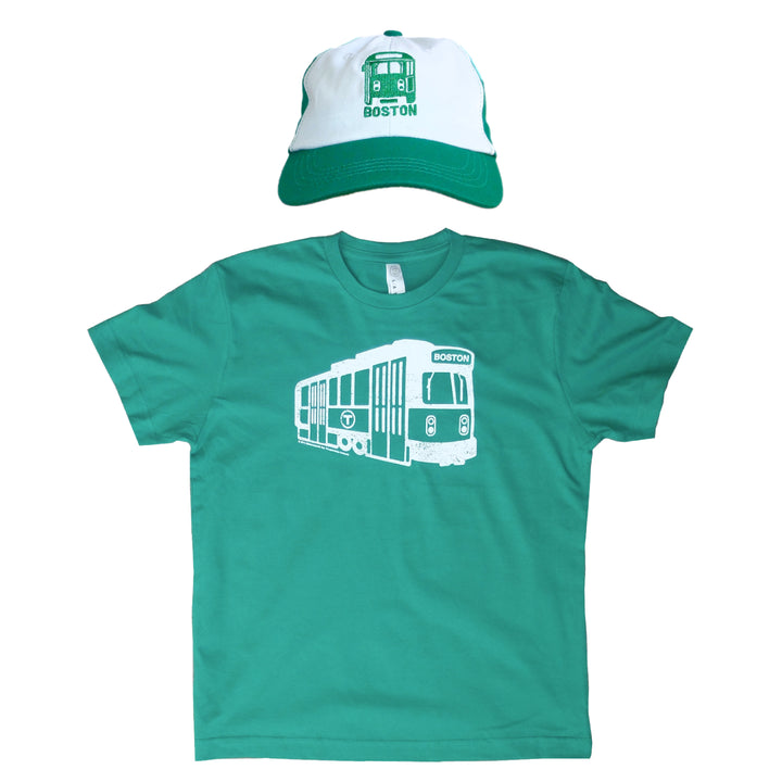 green youth mbta trolley graphic t-shirt and green and white embroidered green line trolley gift combo