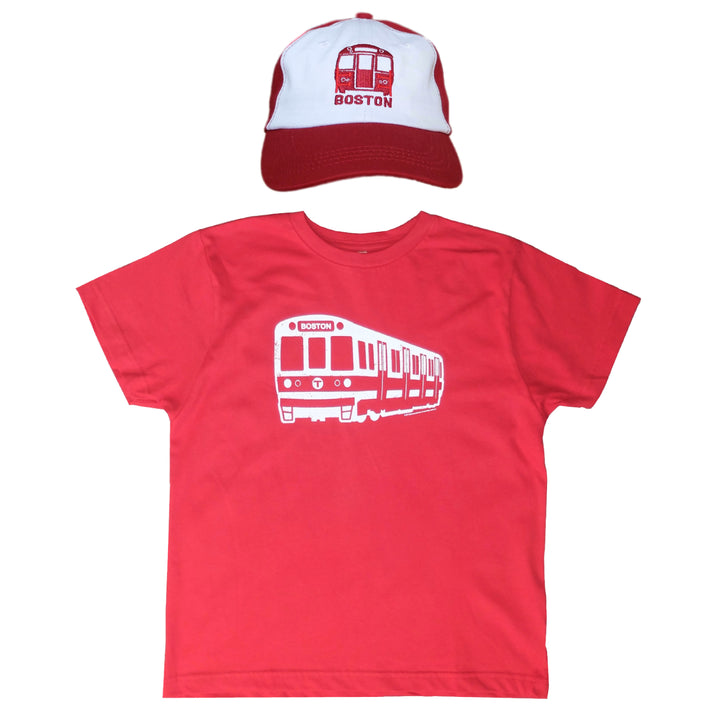 red youth red line train graphic t-shirt and red and white embroidered red line train cap combination gift