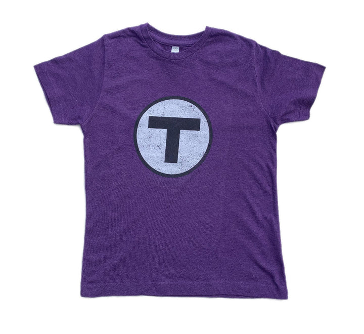 heather purple youth t-shirt with round Boston MBTA T Logo graphic