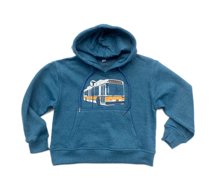 heather blue youth sized hooded sweatshirt with yellow white and black Boston MBTA bus graphic