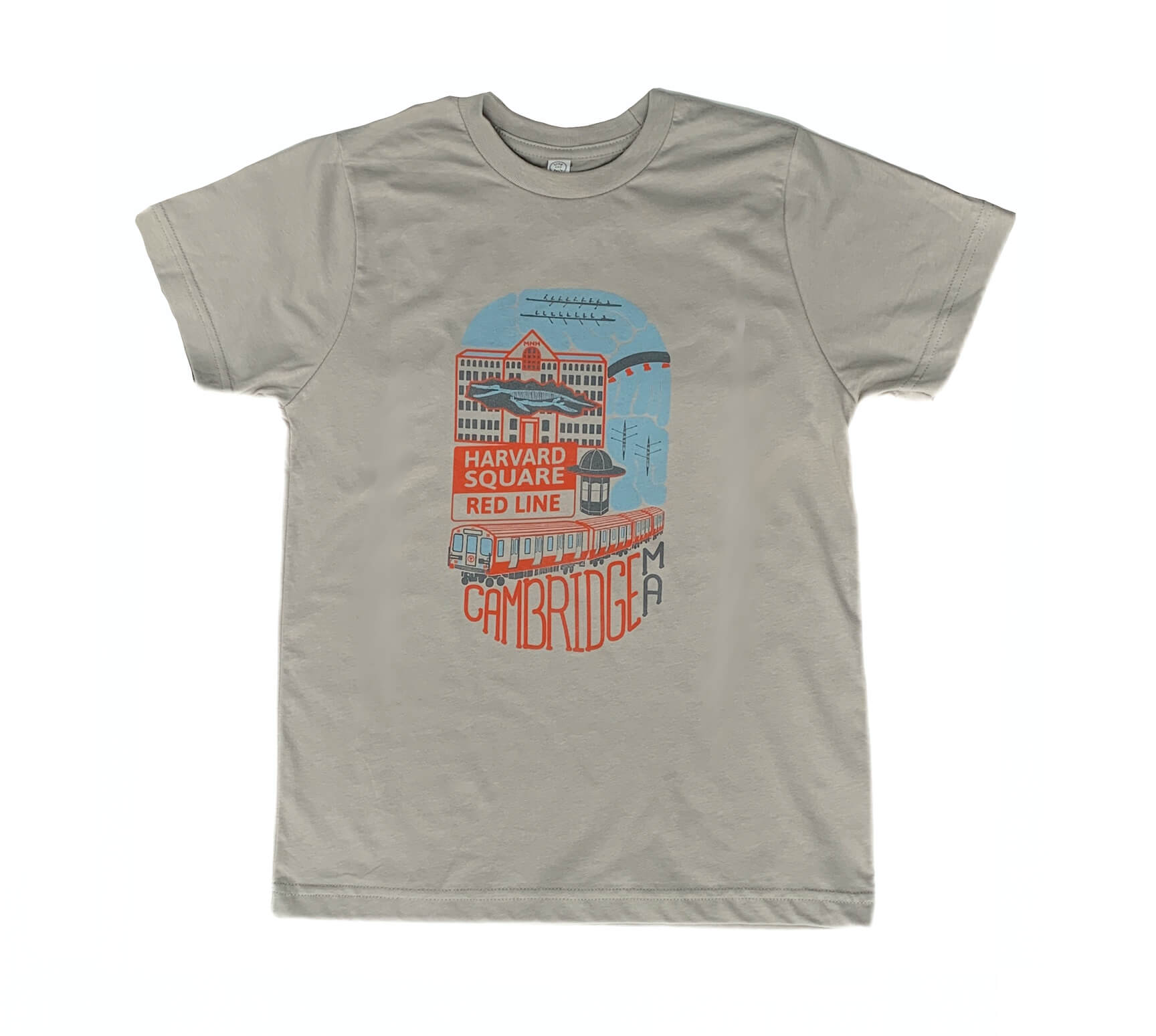 youth size grey cotton t-shirt with oval-shaped illustration featuring sights of Harvard Square in Cambridge MA