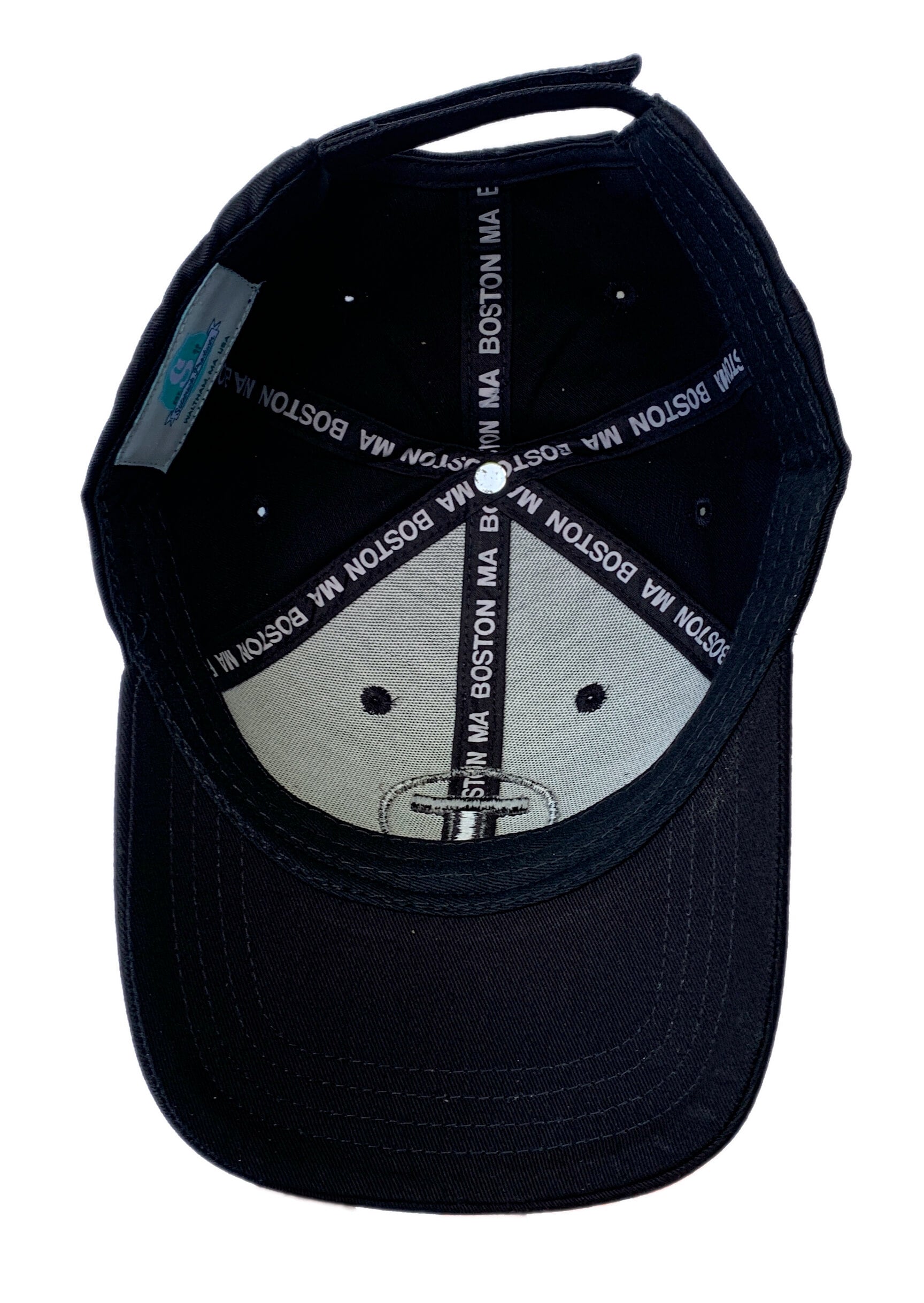 Inside view of black youth baseball cap with MBTA Logo 3D Puff Embroidery