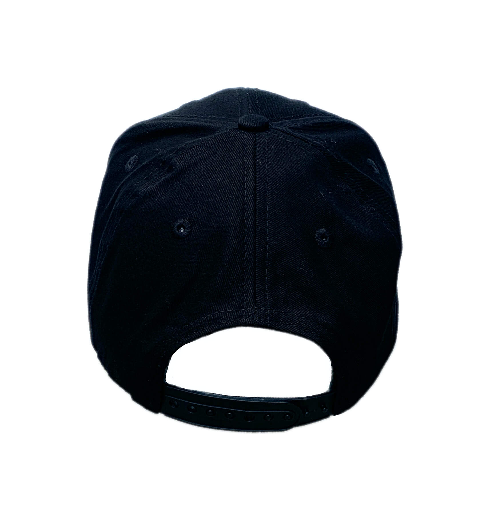 Back view of black flat brim youth cap with puff embroidered MBTA T Logo