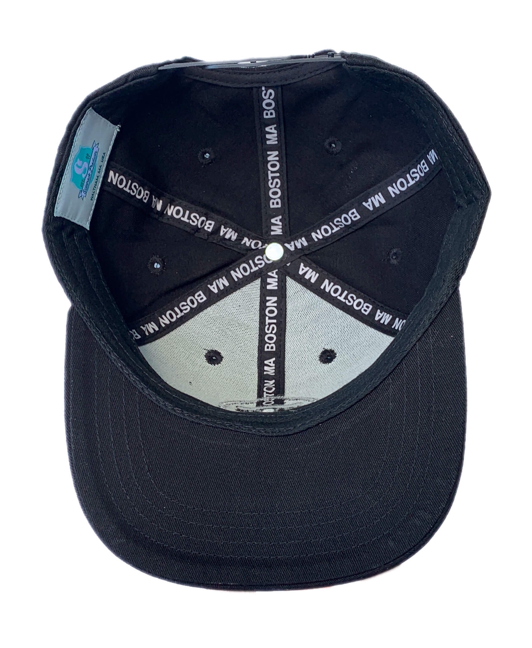 Inside view of black youth flat brim baseball cap with MBTA Logo 3D Puff Embroidery